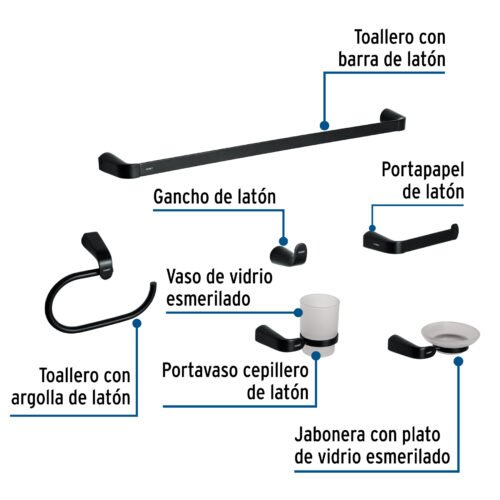 44277 - Juego de 6 accesorios para baño, negro, FOSET RIVIERA