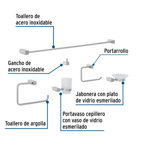 44319 - Juego de 6 accesorios para baño, cromo, FOSET KUBO