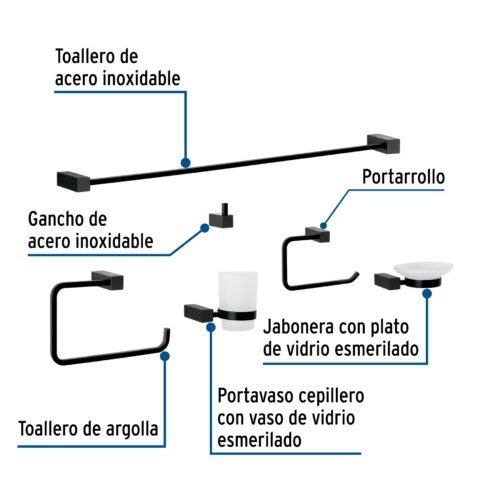 44332 - Juego de 6 accesorios para baño, negro, FOSET KUBO