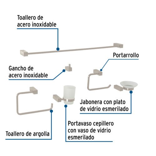 44333 - Juego de 6 accesorios para baño, satín, FOSET KUBO