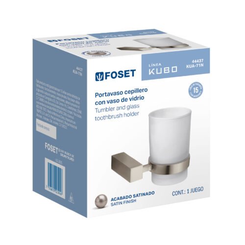 444372 44437 - Portavaso cepillero con vaso de vidrio, satín, FOSET KUBO