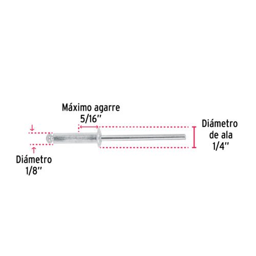 44521 - Bolsa con 50 remaches 1/8" x 5/16" de aluminio, ala 1/4"