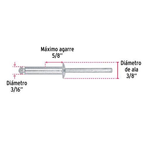 445352 44535 - Bolsa con 50 remaches 3/16" x 5/8" de aluminio, ala 3/8"