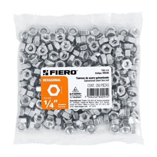 445483 44548 - Bolsa con 250 tuercas 1/4" hexagonales de acero galvanizado