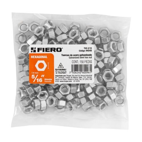 445493 44549 - Bolsa con 150 tuercas 5/16" hexagonales de acero galvanizado