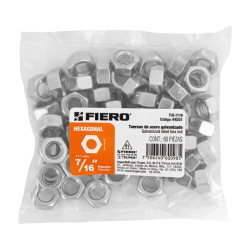 44551 - Bolsa con 60 tuercas 7/16" hexagonales de acero galvanizado