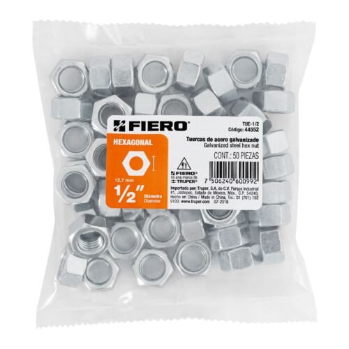445523 44552 - Bolsa con 50 tuercas 1/2" hexagonales de acero galvanizado