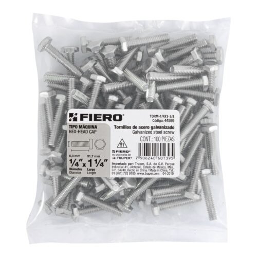 44559 - Bolsa con 100 tornillos 1/4" x 1-1/4" tipo máquina, FIERO