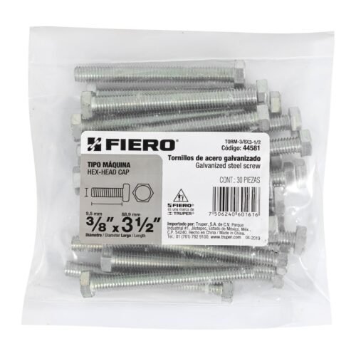 44581 - Bolsa con 30 tornillos 3/8" x 3-1/2" tipo máquina, FIERO