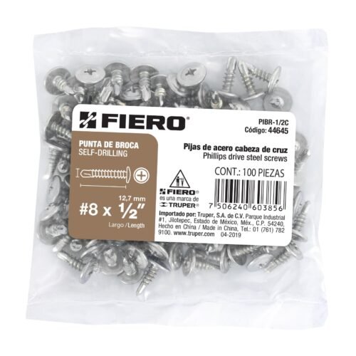 44645 - Bolsa con 100 pijas cabeza cruz, punta de broca 1/2", FIERO