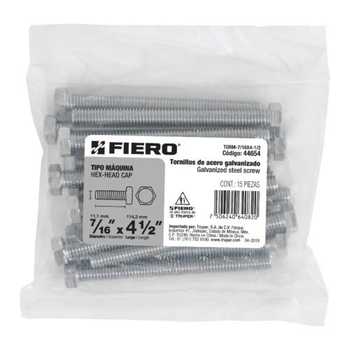 446543 44654 - Bolsa con 15 tornillos 7/16" x 4-1/2" tipo máquina, FIERO