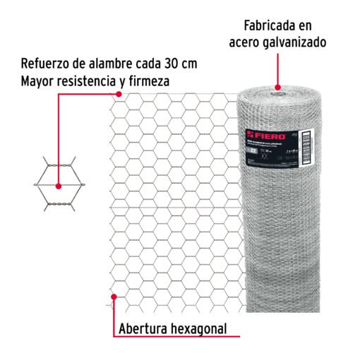446561 44656 - Rollo malla hexagonal cal.22, 1x 45m, abertura 25mm, 13kg