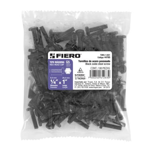 44765 - Bolsa con 100 tornillos 1/4" x 1" acero grado 5, FIERO