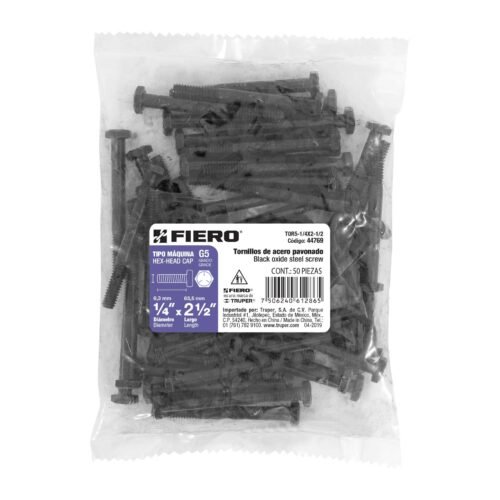 447693 44769 - Bolsa con 50 tornillos 1/4" x 2-1/2" acero grado 5, FIERO