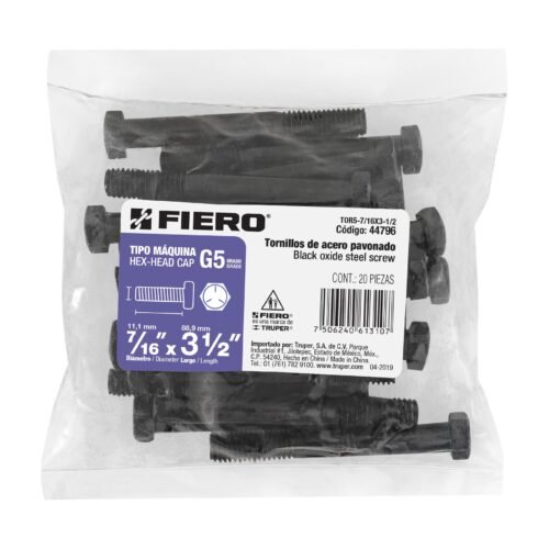 44796 - Bolsa con 20 tornillos 7/16" x 3-1/2" acero grado 5, FIERO