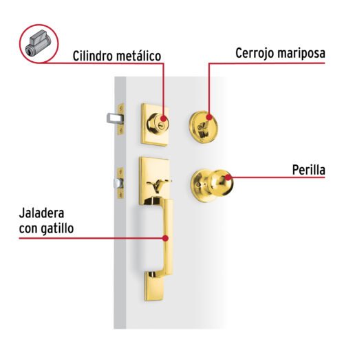 44998 - Jaladera, perilla y cerrojo llave-mariposa "Porto",latón bri