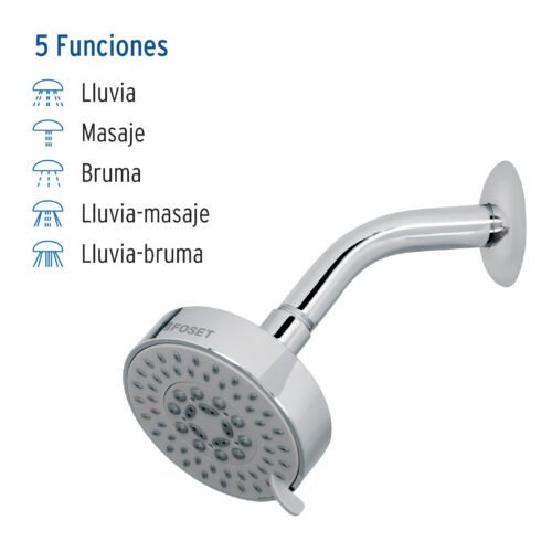 451673 45167 - Regadera cromo 4"con 5 funciones, con brazo, Foset Element
