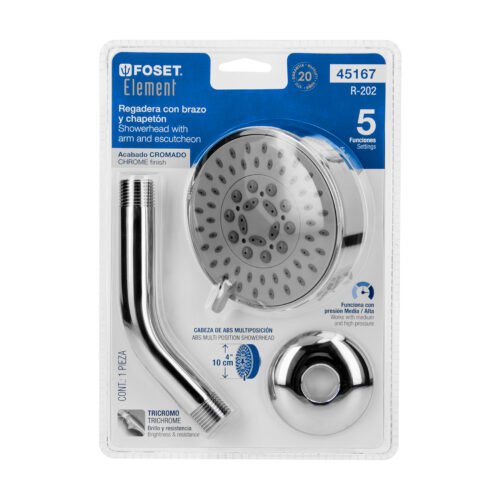 451676 45167 - Regadera cromo 4"con 5 funciones, con brazo, Foset Element