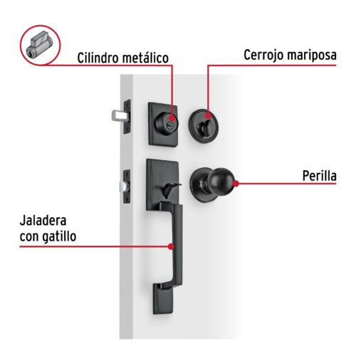 45229 - Jaladera, perilla y cerrojo llave-mariposa "Porto", negro