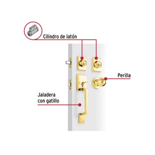 45236 - Jaladera, perilla y cerrojo llave-llave "Porto", latón brill