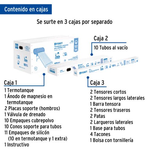 45270 - Calentador solar de agua 10 tubos, 130L, 3 personas, Foset