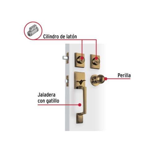 45295 - Jaladera, perilla y cerrojo llave-llave "Porto", latón ant.