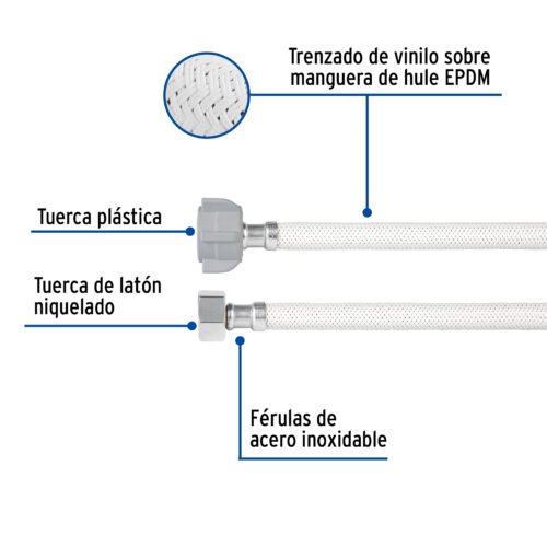 453111 45311 - Manguera p/WC, vinilo blanco, 1/2x7/8", 35cm, plástico/latón