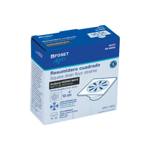 45473 - Resumidero cuadrado 4"x 4", acero inoxidable, negro, gota
