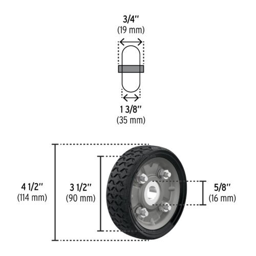 45476 - Rueda de hule sólido 4-1/2" para diablo, un balero, Pretul