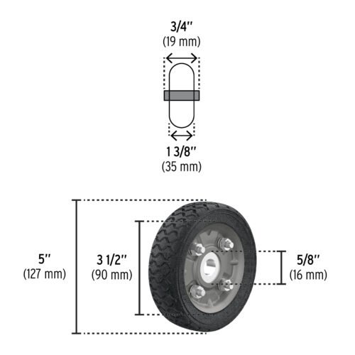 45478 - Rueda de hule sólido 5" para diablo, un balero, Pretul