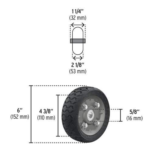 45480 - Rueda de hule sólido 6" para diablo, doble balero, Pretul
