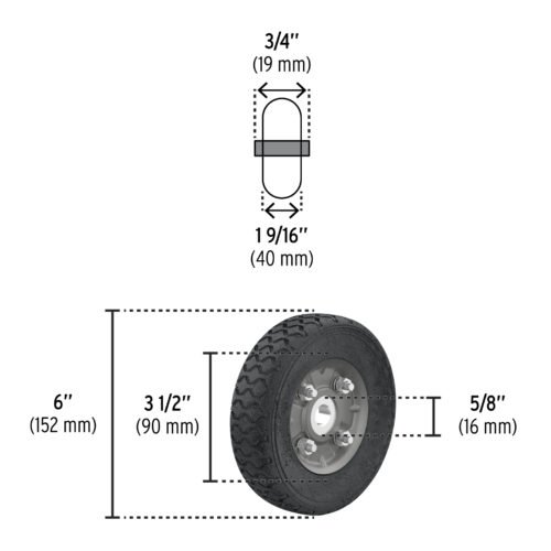 45481 - Rueda de hule sólido 6" para diablo, un balero, Pretul
