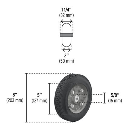 45485 - Rueda de hule sólido 8" para diablo, doble balero, Pretul