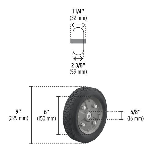 45487 - Rueda de hule sólido 9" para diablo, doble balero, Pretul