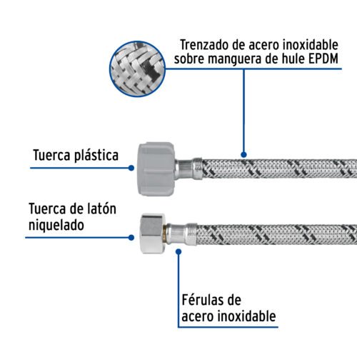 45499 - Manguera p/WC, acero inox, 3/8"x7/8", 35cm, plástico/latón