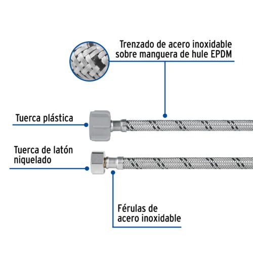 45500 - Manguera p/WC, acero inox, 3/8"x7/8", 40cm, plástico/latón