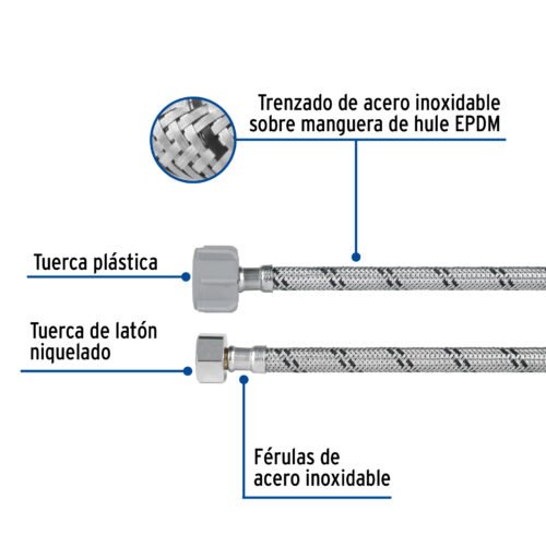 45501 - Manguera p/WC, acero inox, 3/8"x7/8", 50cm, plástico/latón