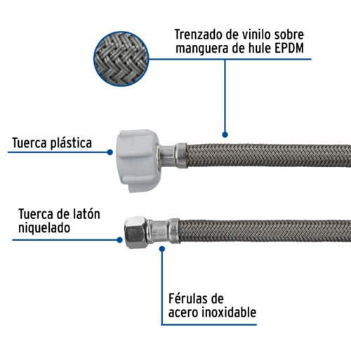 45505 - Manguera p/WC, vinilo gris, 3/8"x7/8" , 50cm, plástico/latón