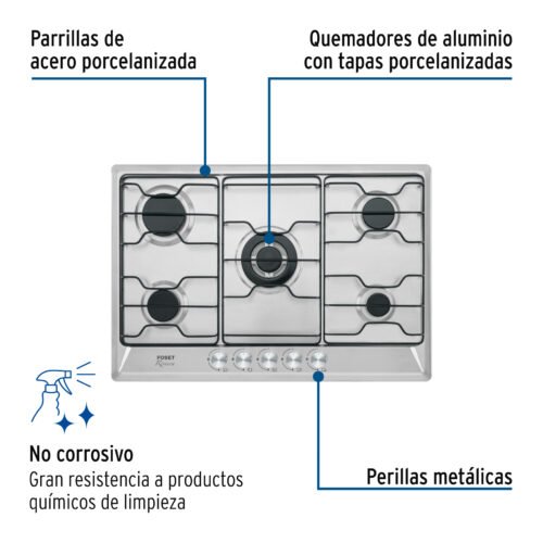 45507 - Parrilla gas empotrable 75cm, 5 quem, inox, esmalte, Foset