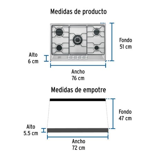 45507 - Parrilla gas empotrable 75cm, 5 quem, inox, esmalte, Foset