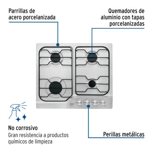 45508 - Parrilla gas empotrable 60cm, 4 quem, inox, esmalte, Foset
