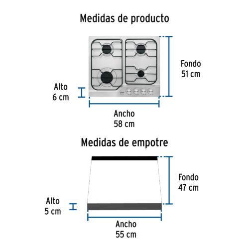 45508 - Parrilla gas empotrable 60cm, 4 quem, inox, esmalte, Foset