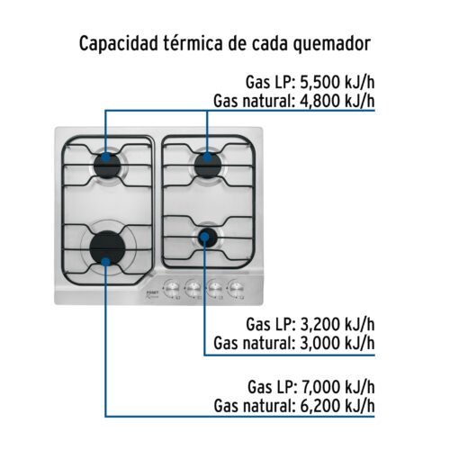 45508 - Parrilla gas empotrable 60cm, 4 quem, inox, esmalte, Foset