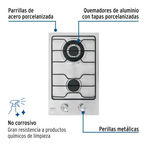 45509 - Parrilla gas empotrable 30cm, 2 quem, inox, esmalte, Foset