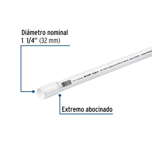45520 - Tubo de 1-1/4" PVC hidráulico cédula 40, 3m, 1.9kg, FOSET