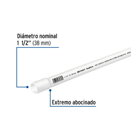 45521 - Tubo de 1-1/2" PVC hidráulico cédula 40, 3m, 2.3kg, FOSET