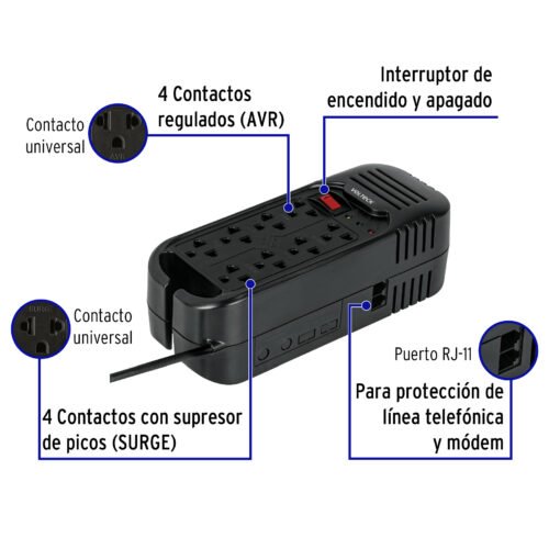 45574 - Regulador de voltaje de 1600 VA / 800 W 8 contactos, Volteck