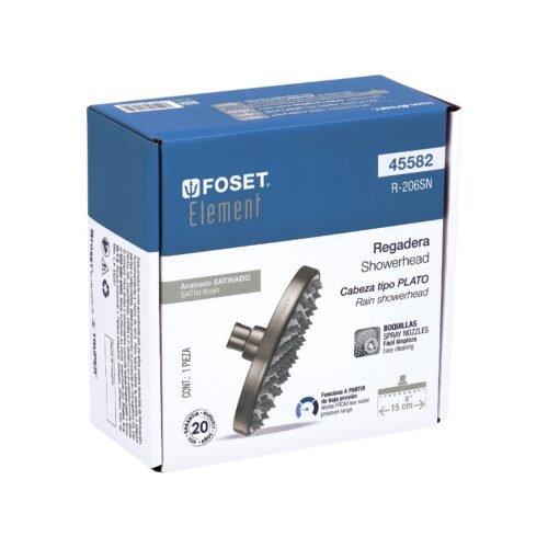 45582 - Regadera satín 6" plato redondo, sin brazo, Foset Element