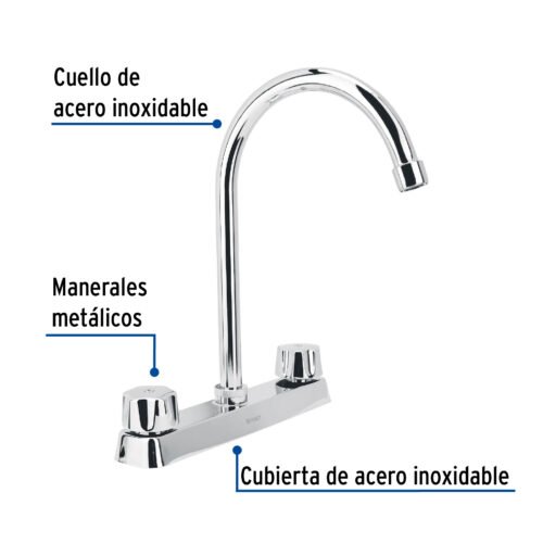 45615 - Mezcladora 8" fregadero cromo, cuello curvo,hexagonal, BASIC
