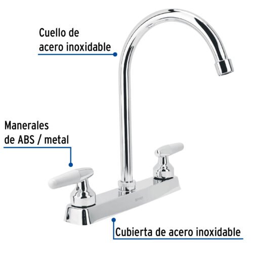 45619 - Mezcladora 8" fregadero cromo, cuello curvo, cono, BASIC